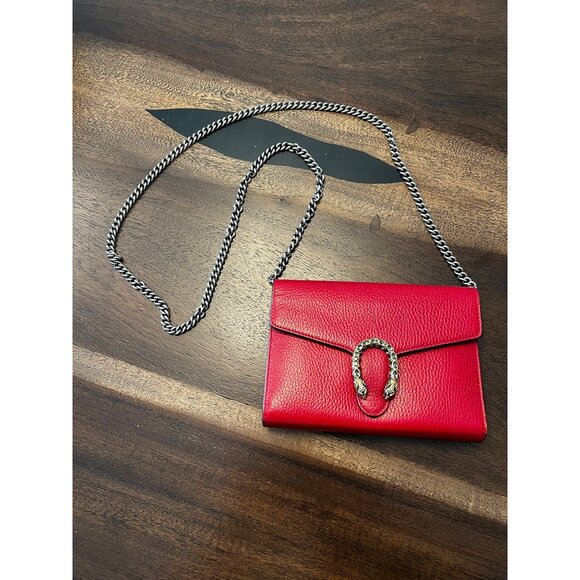 Gucci Dionysus Red Leather Crossbody Wallet With Chain Strap & Snake Buckle Deta - Picture 1 of 14
